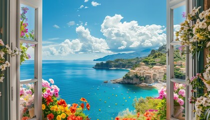Mediterranean view from an open window. Flowers with views of the sea and the coastal city. Picturesque coastal landscape. Concept of vacation, serenity, calm and peace.