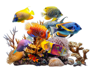 Vibrant tropical fishes swimming among coral reefs on transparent background
