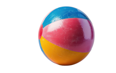 A colorful beach ball sits on a white background