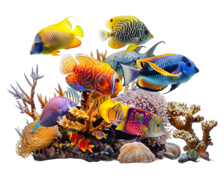 Vibrant tropical fishes swimming among coral reefs on transparent background