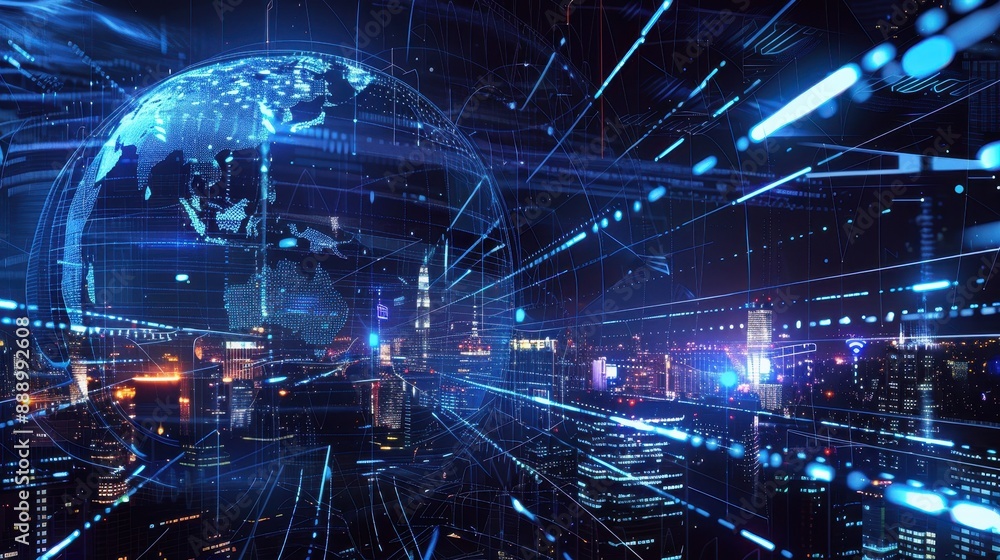 Poster a cityscape with a blue globe in the center. the globe is surrounded by a network of lines that repr