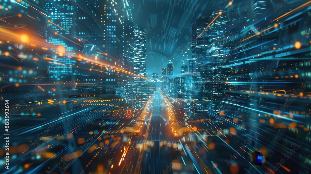 Poster a cityscape with a blue globe in the center. the globe is surrounded by a network of lines that repr