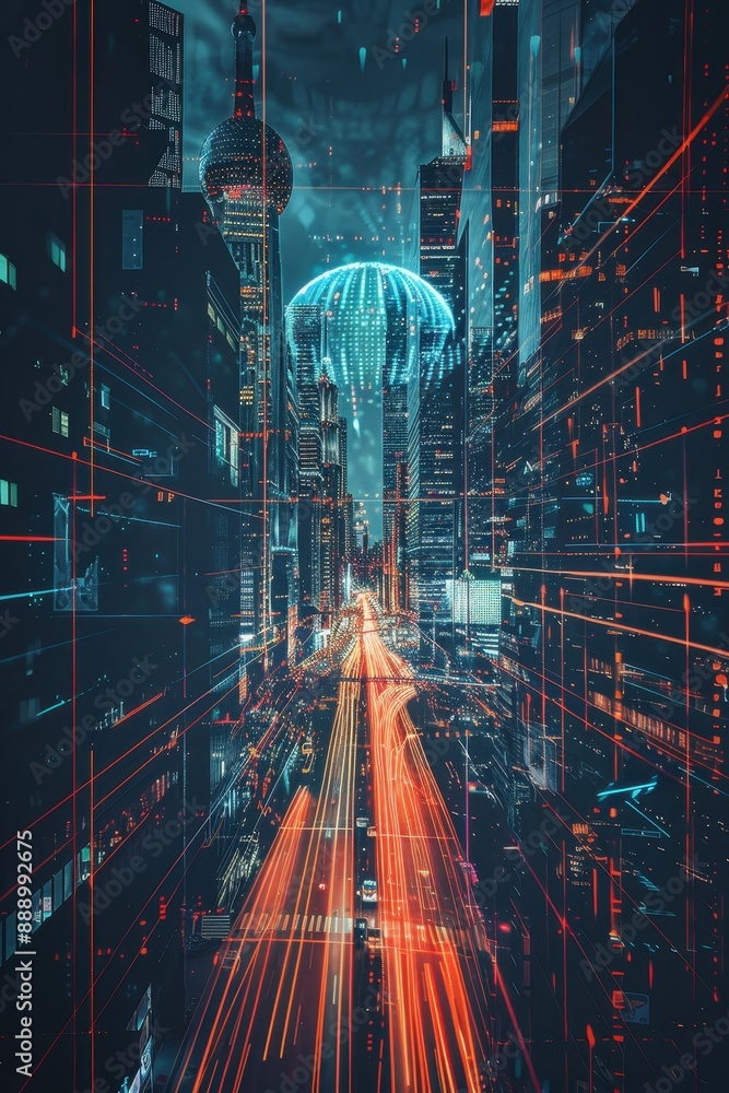 Poster a cityscape with a blue globe in the center. the globe is surrounded by a network of lines that repr