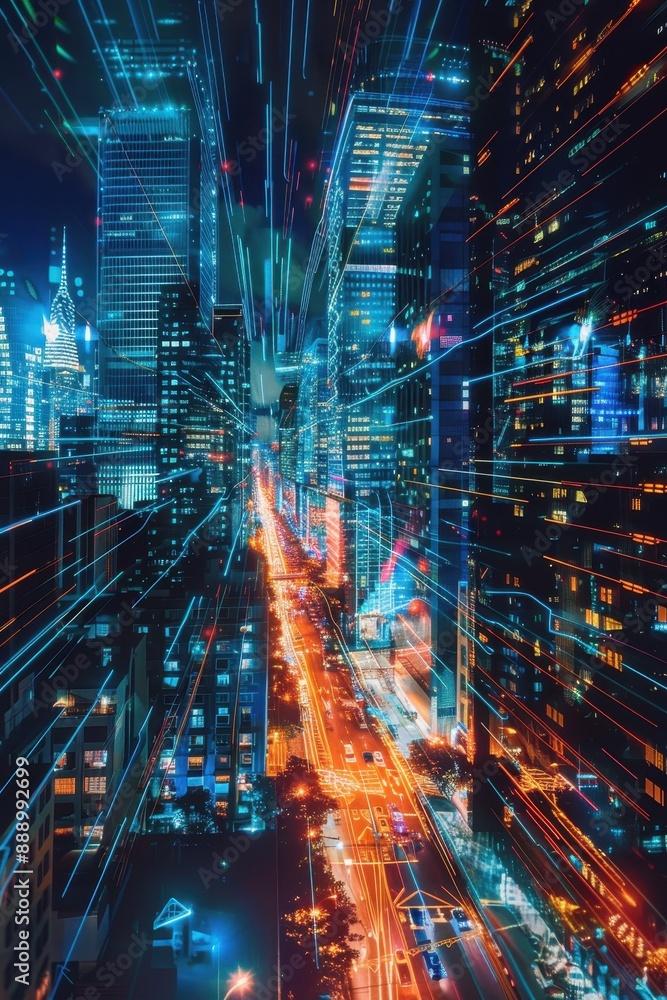 Poster a cityscape with a blue globe in the center. the globe is surrounded by a network of lines that repr