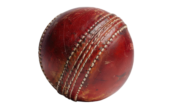 Red leather cricket ball with white stitching - Powered by Adobe
