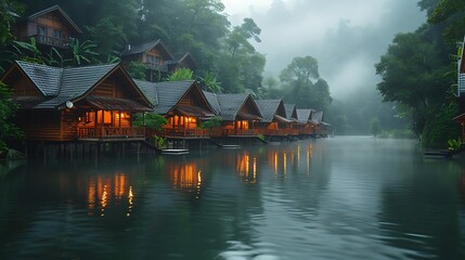 Obraz premium Traditional stilt houses on a tranquil river, wooden houses reflecting beautifully in the water, dense greenery surrounding the area, early morning mist and soft sunlight,