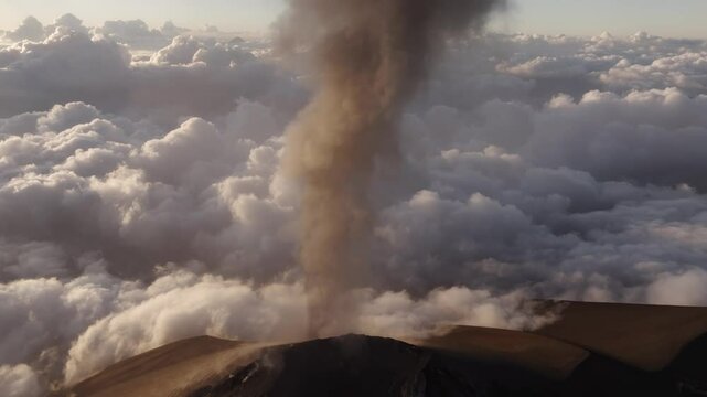 Aerial view of erupting Volcano Fuego with smoke and clouds, Chimaltenango, Guatemala.