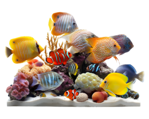 Tropical fish tank scene with multiple species of colorful fishes, emphasizing the vibrant and lively underwater environment on transparent background