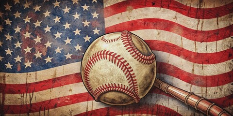 Vintage distressed baseball icon with stitching on a worn-out baseball patterned background, symbolizing America's favorite pastime and nostalgia