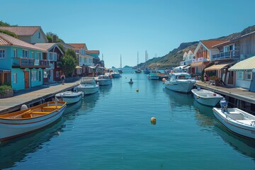 Fototapeta premium Scenic coastal village with boats docked along the tranquil waterway, surrounded by charming houses under a clear blue sky.