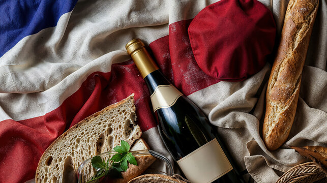 arri&egrave;re-plan pr&eacute;sentant les clich&eacute;s de la culture Fran&ccedil;aise avec bouteille de vin, berret basque et pain