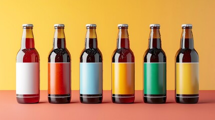 Craft beer bottle designs with vibrant labels, blank background for brewery promotions