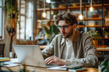 A young male digital marketer is sitting at a modern office desk working on a laptop. He is focused on the computer screen and using a mouse. The desk has a notebook and pen. The office environment