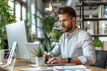 A young male digital marketer is sitting at a modern office desk working on a laptop. He is focused on the computer screen and using a mouse. The desk has a notebook and pen. The office environment