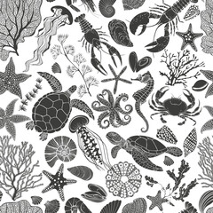 Endless background on the marine theme with sea creatures. Silhouettes. Abstract vector illustration. Perfect for design templates, wallpaper, wrapping, fabric and textile. © maritime_m