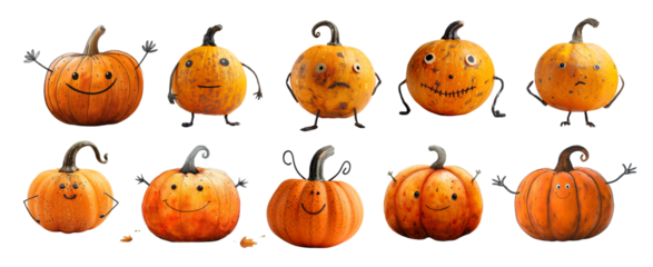 Set of Cartoon characters Jack o lantern with a creepy carved Halloween pumpkin face and hands isolated on a white background