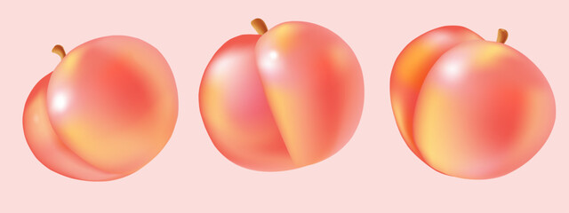 Peach fruit  flying on soft pink backround, realistic element. Vector juicy art