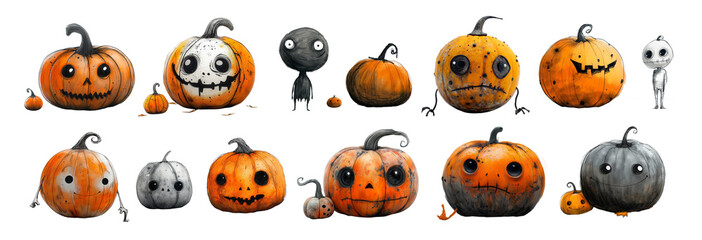 Fototapeta premium Set of Cartoon characters Jack o lantern with a creepy carved Halloween pumpkin face and hands isolated on a white background