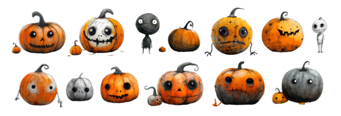 Set of Cartoon characters Jack o lantern with a creepy carved Halloween pumpkin face and hands isolated on a white background