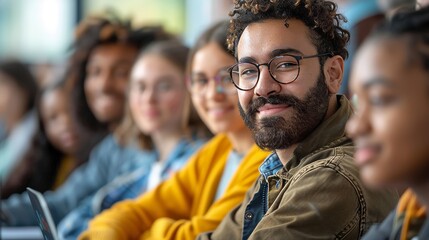 Obraz premium Knowledgeable Teacher Giving a Lecture About Software Engineering to a Group of Smart Diverse University Students. International Undergraduates Sitting Behind Desks with, Generative AI