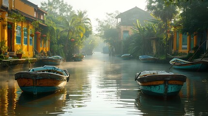 Obraz premium A picturesque riverbank with traditional Vietnamese fishing boats, detailed and colorful, dense vegetation surrounding the area, early morning light creating a serene ambiance,