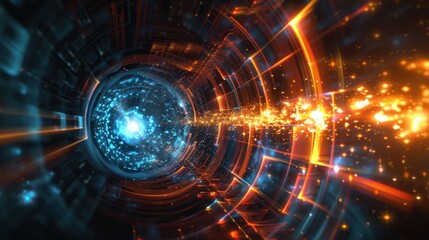 Obraz premium Abstract digital artwork featuring a glowing, colorful light tunnel with sparkles and beams. Vibrant blue and orange hues create a dynamic, sci-fi feel.