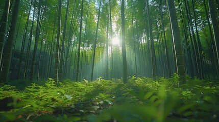 Fototapeta premium A tranquil bamboo forest, dense green stalks swaying gently, sunlight creating dappled light and shadow patterns on the ground, serene and calm environment, hd quality, natural look. --ar 16:9 --v 6.0