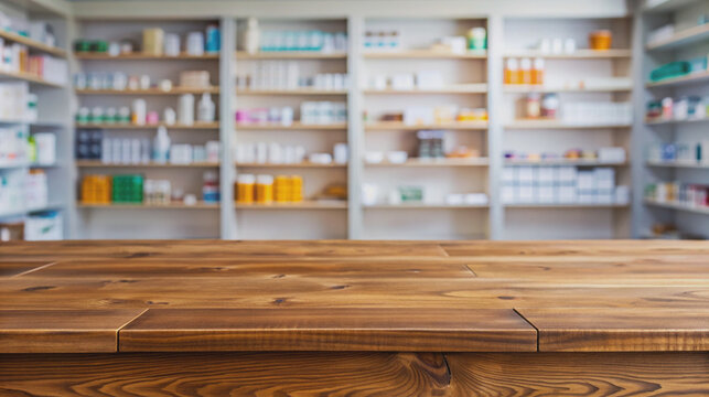An empty drugstore counter with medications in the background