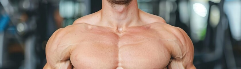 Fototapeta premium Man with powerful physique building mass and burning calories in gym, detailed muscle focus
