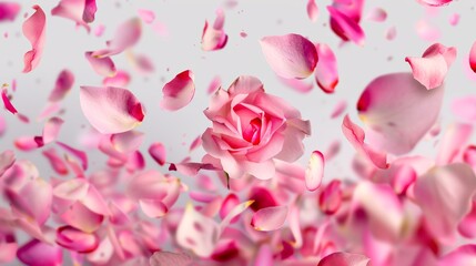 vibrant pink rose flowers petals falling on white background