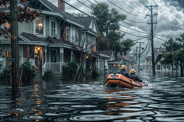Lifeguard rides on boat during flood, house in water. Assistance in evacuating people in case of flooding. Countryside area with flooded building. Natural disaster. Water flow along residential street