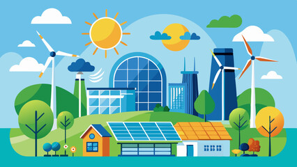 Renewable energy sources, wind turbines and solar panels. Vector illustration