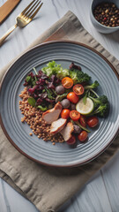 A plate of balanced meals. Buckwheat, tomatoes and chicken fillet
