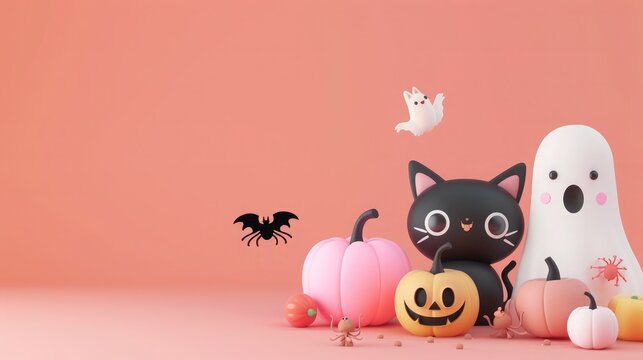 3D rendering of cute Halloween elements with a grinning black cat, cheerful ghost holding a pumpkin, and friendly spider in soft pastel colors