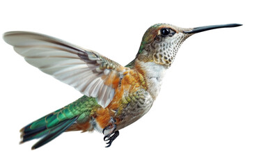 Fototapeta premium A colorful hummingbird with outstretched wings soars against a stark white backdrop