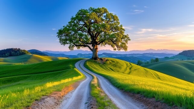 A serene landscape with a single tree at a fork in a country road surrounded by green rolling hills and a beautiful sunset sky.
