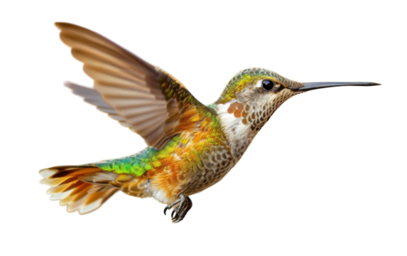 A hummingbird with colorful feathers glides gracefully