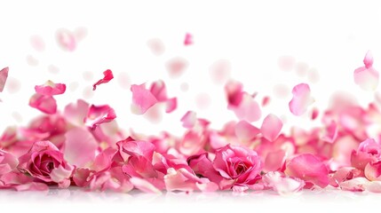 vibrant pink rose flowers petals falling on white background