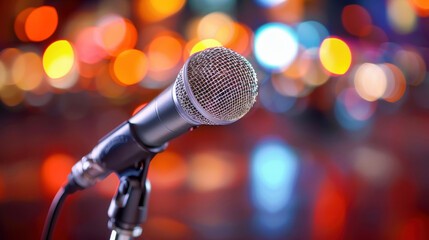 Obraz premium Close-up of a microphone with colorful bokeh background. Ideal for music, performance, or public speaking themes.