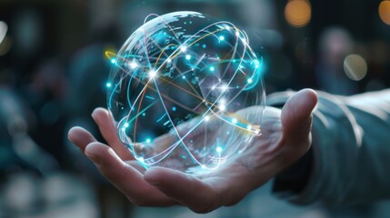 A hand holds a glowing digital globe with interconnected data lines in a futuristic setting.