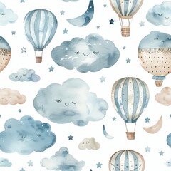 seamless pattern, Cute pastel baby sky pattern with hot air balloons, clouds, and stars in a whimsical watercolor style, perfect for nursery decor.