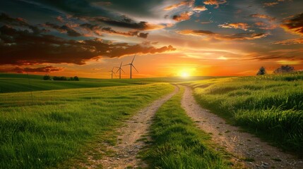 A path through a green meadow leads towards wind turbines on the horizon under a sunset sky, symbolizing renewable energy and sustainability	
