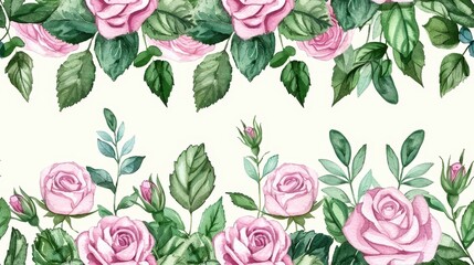 seamless pattern, Elegant watercolor pattern with pink roses and green leaves on a white background, perfect for designs and backgrounds.