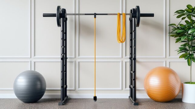 Industrial-style fitness room with a rugged pull-up bar, heavy-duty exercise ball, and durable jump rope, gritty workout environment, fitness aesthetics