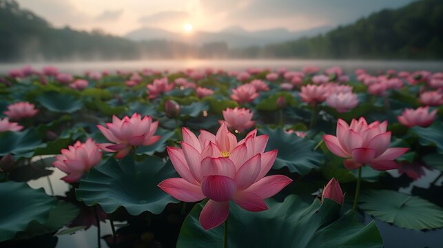 An expansive pond covered in blooming pink and white lotus flowers, surrounded by lush greenery, soft morning light casting gentle shadows, mist creating a dreamy atmosphere, serene and picturesque,