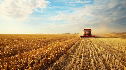 Fototapeta premium Busy Tractor Trailer Harvesting Soybeans in a Field