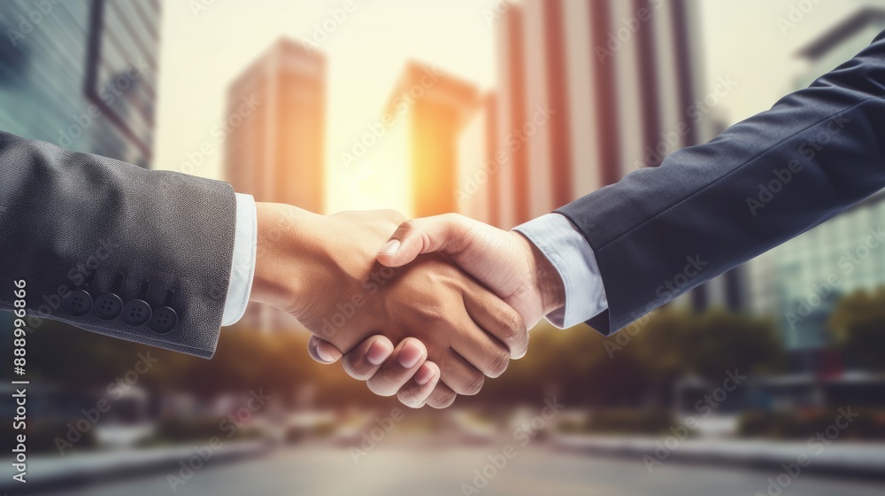 Poster close up shaking hands of two professional business men with building background,generative ai