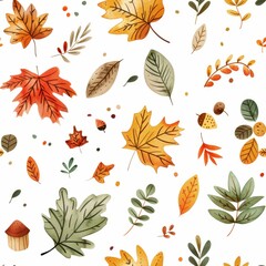 Seamless pattern with colorful autumn leaves and acorns on a white background, perfect for seasonal designs and fall-themed projects.