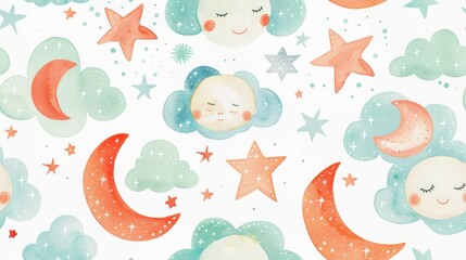 Fototapeta premium Seamless whimsical pattern of moons, stars, and clouds in watercolor style, perfect for baby nurseries and children's design projects.