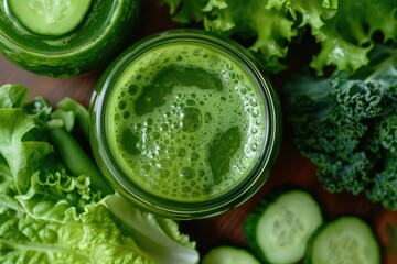 Obraz premium Green Juice. Close-Up of Fresh Vegetable Juice in Jug for Detox Diet and Healthy Eating